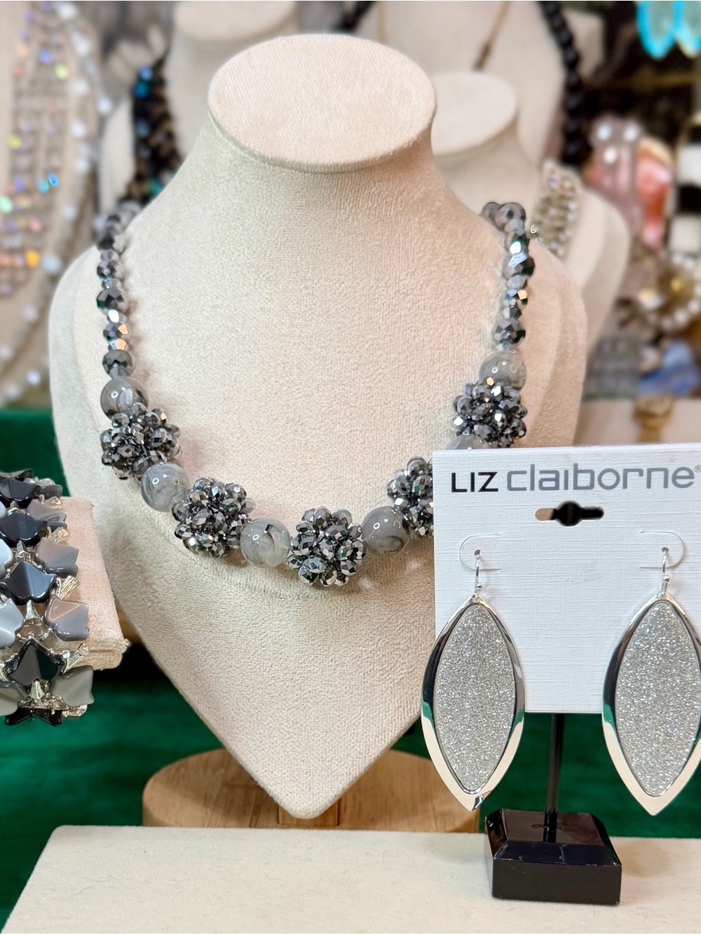Jewelry Set Lot Thermoset, Liz Claiborne Earring Gray Crystal Statement Necklace